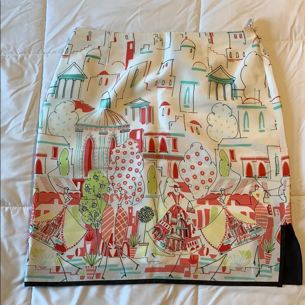 Grace Elements Cream Pencil Skirt with Coral and Teal Scenic Print